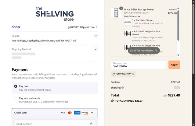 The Shelving Store checkout page showing The Shelving Store coupon code box | Screenshot taken by SimplyCodes community member on Aug 29, 2025