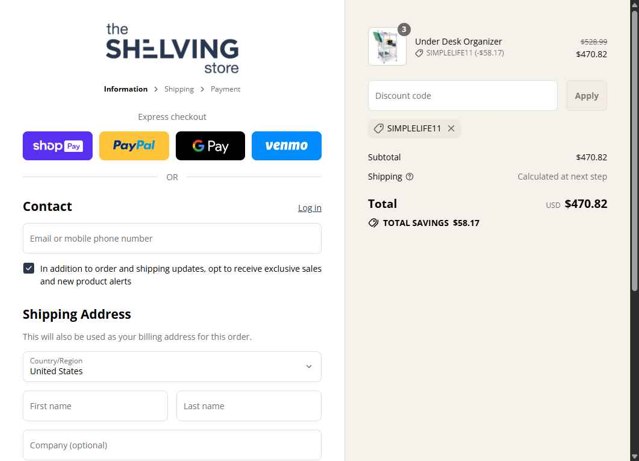The Shelving Store checkout page showing The Shelving Store coupon code box | Screenshot taken by SimplyCodes community member on Aug 1, 2025