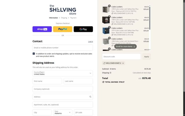 The Shelving Store checkout page showing The Shelving Store coupon code box | Screenshot taken by SimplyCodes community member on Aug 23, 2025