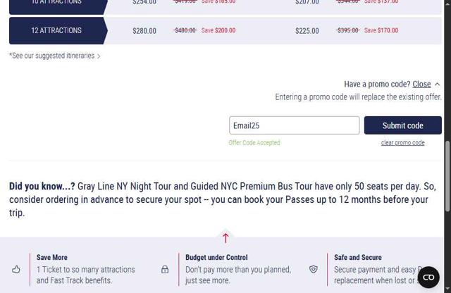 The Sightseeing Pass checkout page showing The Sightseeing Pass promo code box | Screenshot taken by SimplyCodes community member on Jun 10, 2025