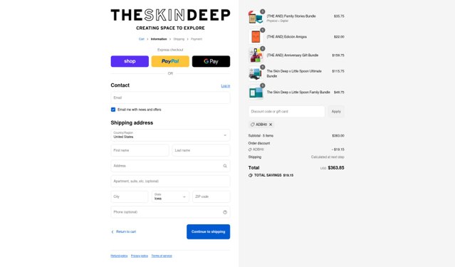 The Skin Deep checkout page showing The Skin Deep discount code box | Screenshot taken by SimplyCodes community member on Sep 6, 2025
