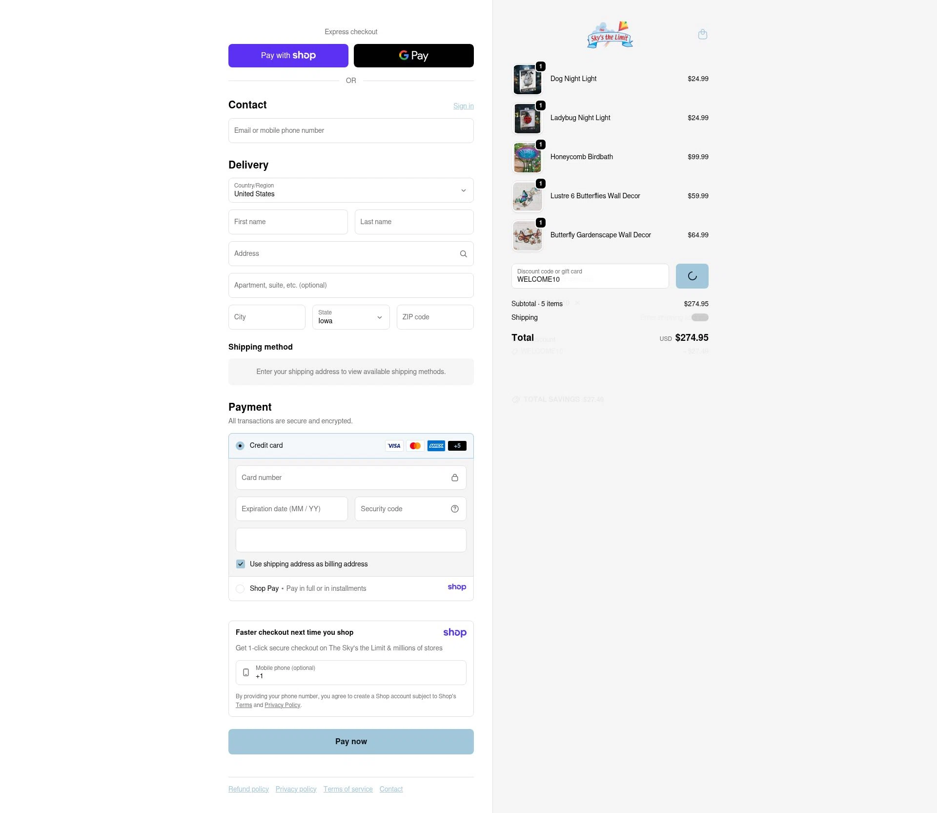The Sky's the Limit checkout page showing The Sky's the Limit promo code box | Screenshot taken by SimplyCodes community member on Jan 12, 2026