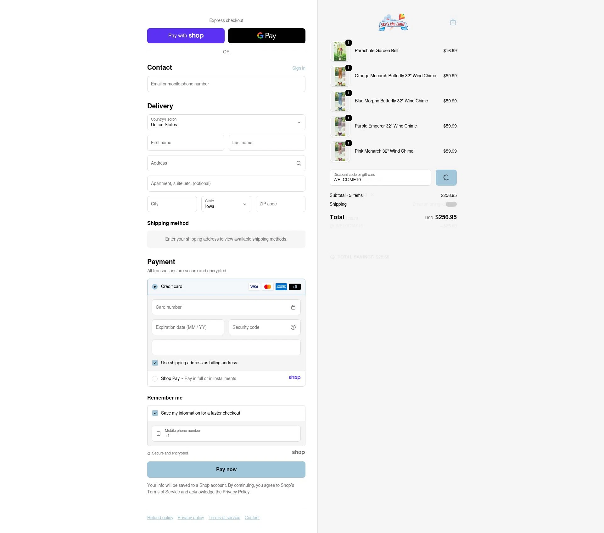 The Sky's the Limit checkout page showing The Sky's the Limit promo code box | Screenshot taken by SimplyCodes community member on Jan 7, 2026