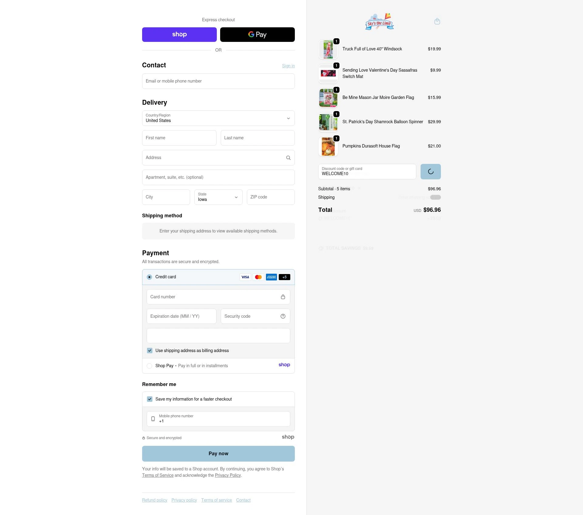 The Sky's the Limit checkout page showing The Sky's the Limit promo code box | Screenshot taken by SimplyCodes community member on Jan 2, 2026