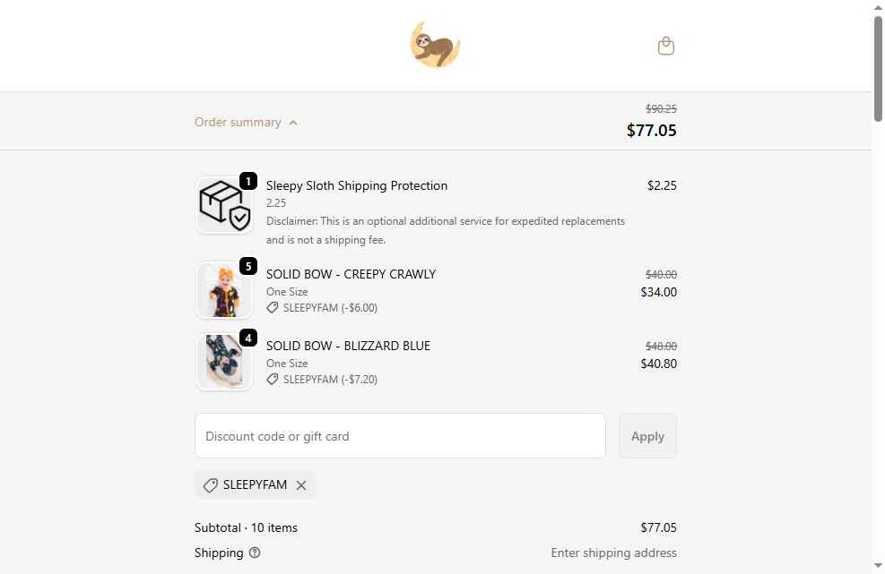 The Sleepy Sloth checkout page showing The Sleepy Sloth discount code box | Screenshot taken by SimplyCodes community member on Dec 12, 2025