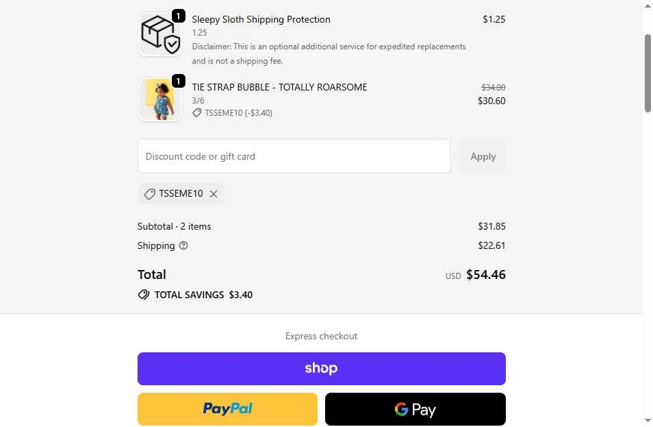 The Sleepy Sloth checkout page showing The Sleepy Sloth discount code box | Screenshot taken by SimplyCodes community member on Nov 11, 2025