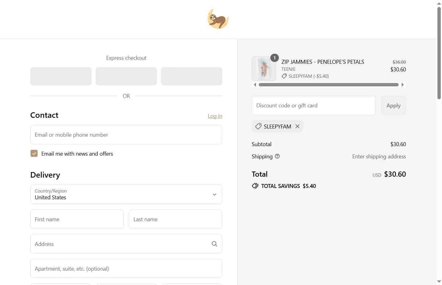 The Sleepy Sloth checkout page showing The Sleepy Sloth discount code box | Screenshot taken by SimplyCodes community member on Aug 6, 2025