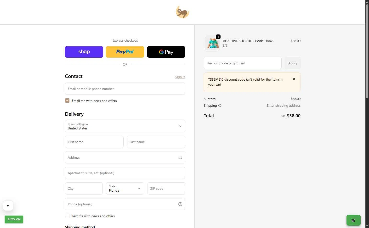 The Sleepy Sloth checkout page showing The Sleepy Sloth discount code box | Screenshot taken by SimplyCodes community member on Jan 8, 2026