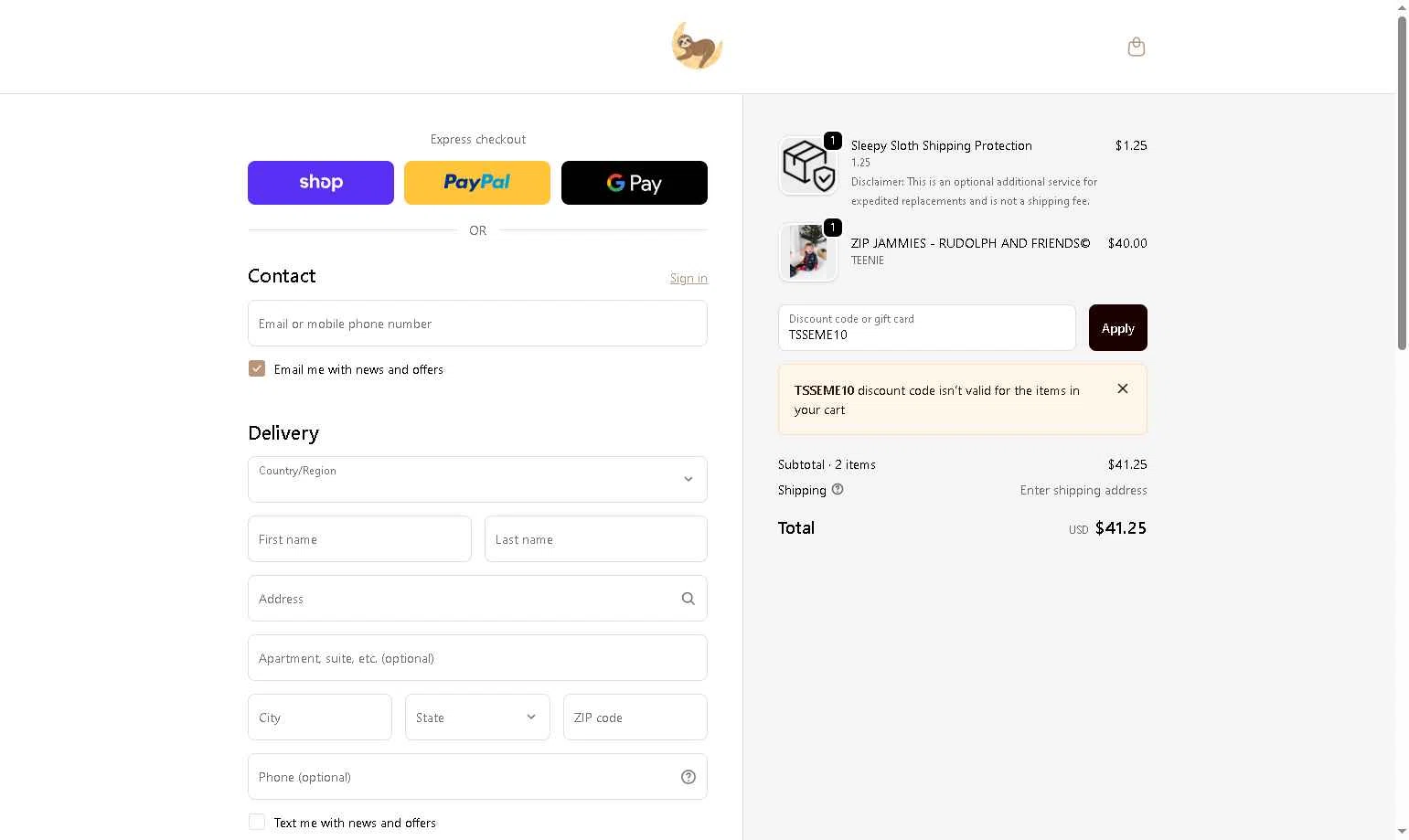 The Sleepy Sloth checkout page showing The Sleepy Sloth discount code box | Screenshot taken by SimplyCodes community member on Dec 10, 2025