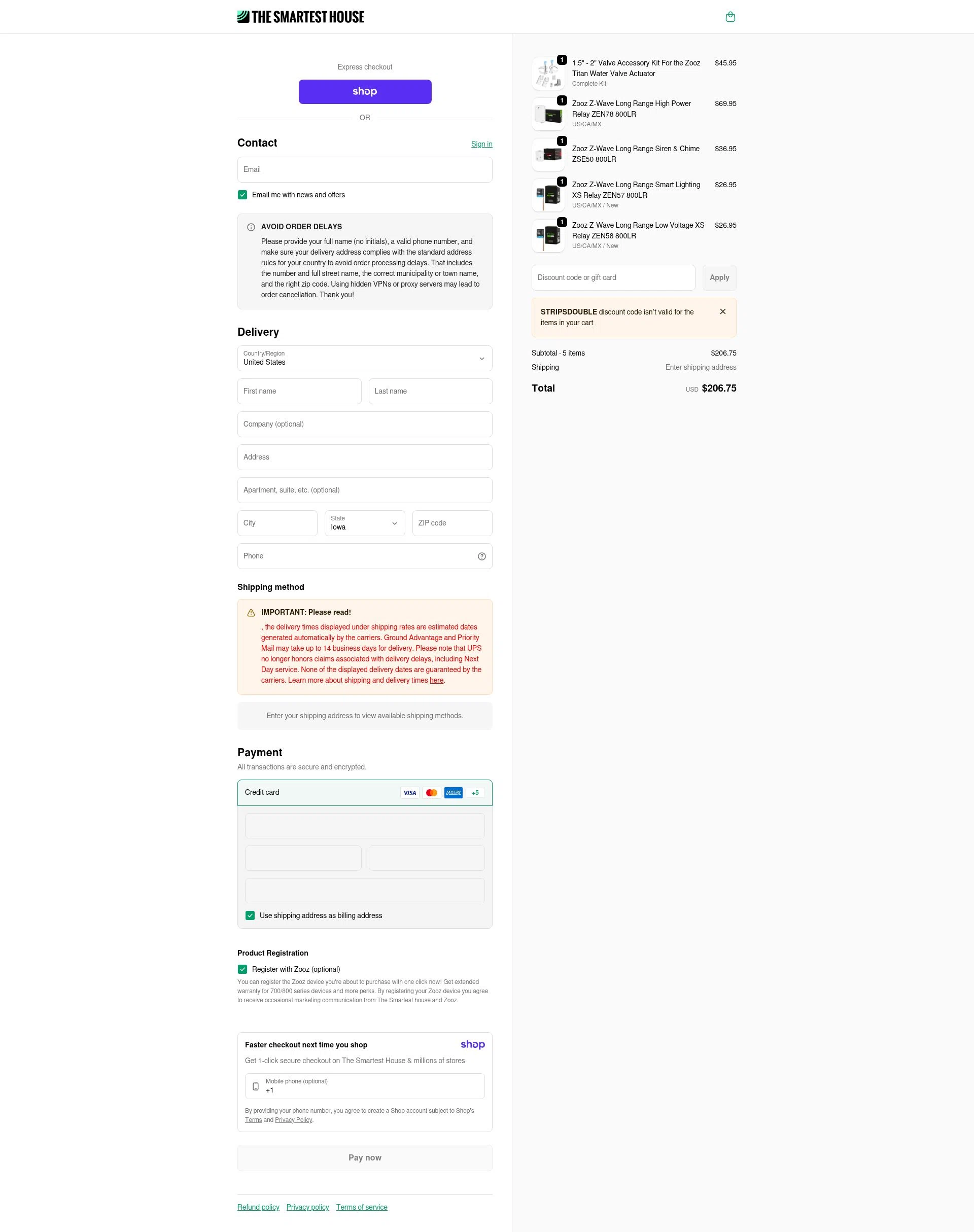 The Smartest House checkout page showing The Smartest House discount code box | Screenshot taken by SimplyCodes community member on Jan 14, 2026
