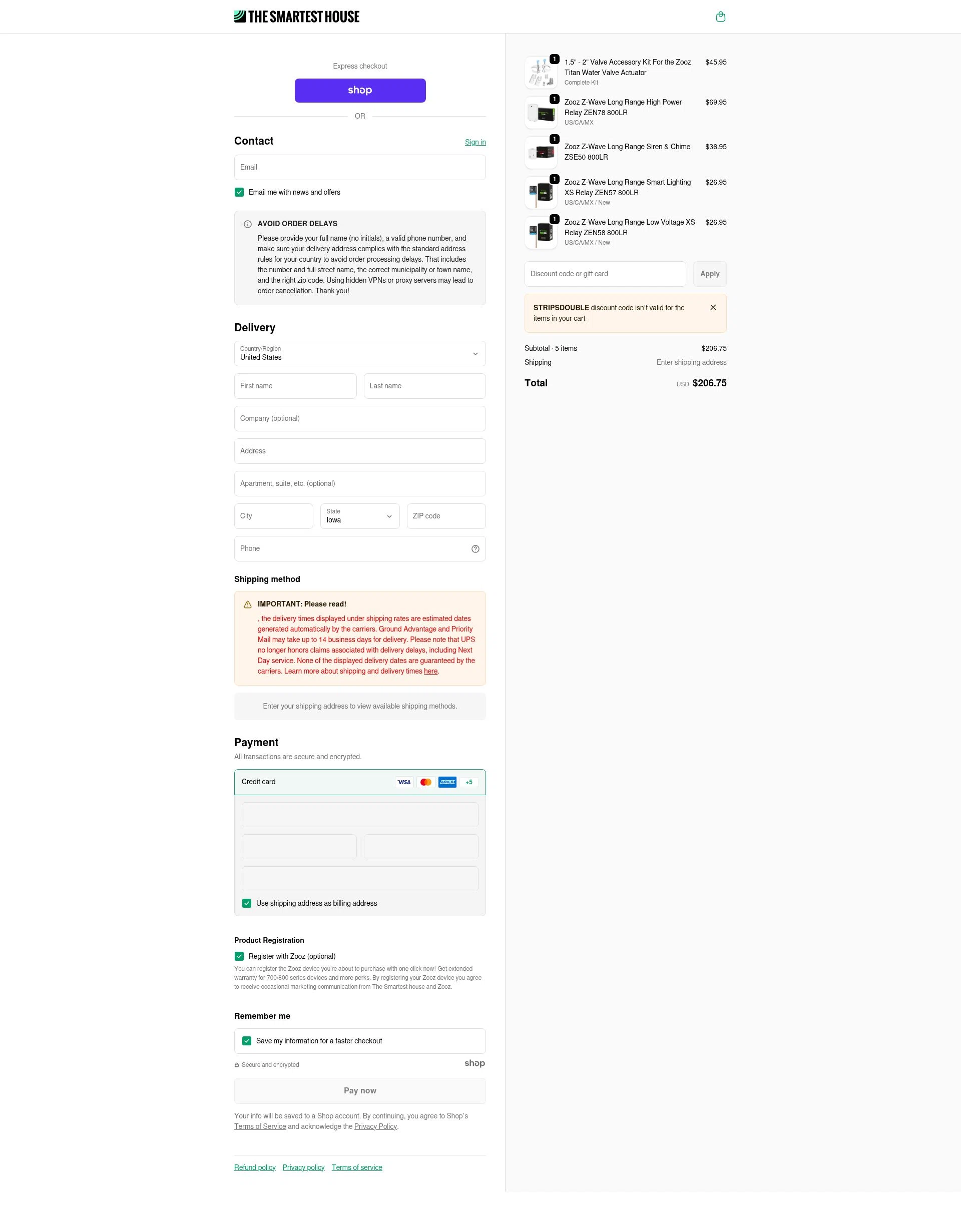 The Smartest House checkout page showing The Smartest House discount code box | Screenshot taken by SimplyCodes community member on Jan 9, 2026