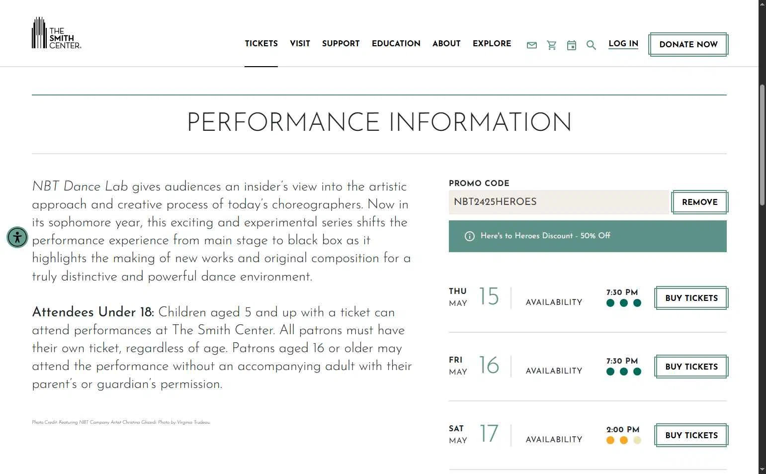The Smith Center checkout page showing The Smith Center promo code box | Screenshot taken by SimplyCodes community member on May 12, 2025