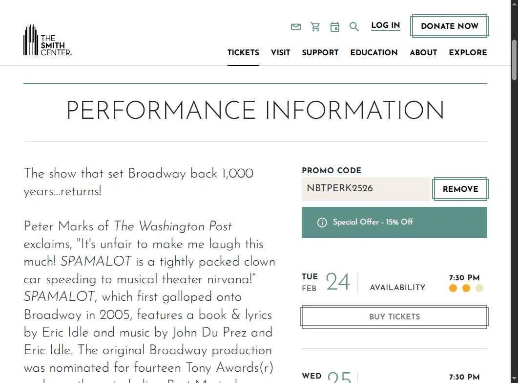 The Smith Center checkout page showing The Smith Center promo code box | Screenshot taken by SimplyCodes community member on Dec 29, 2025