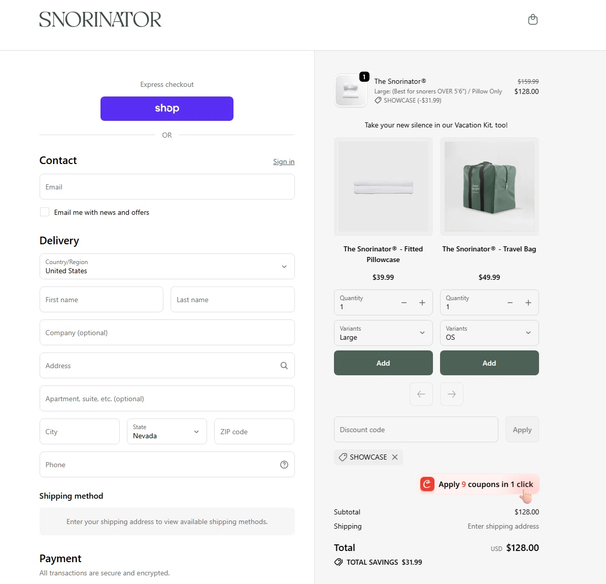 The Snorinator promo code screenshot showing code SHOWCASE applied at The Snorinator checkout page. Uploaded by SimplyCodes community member WiseTitan5941 on Jan 11, 2026
