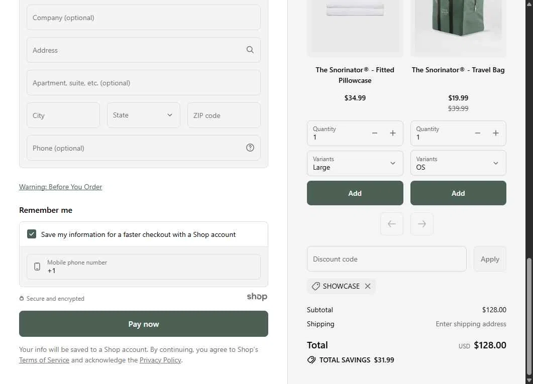 The Snorinator checkout page showing The Snorinator promo code box | Screenshot taken by SimplyCodes community member on Dec 4, 2025