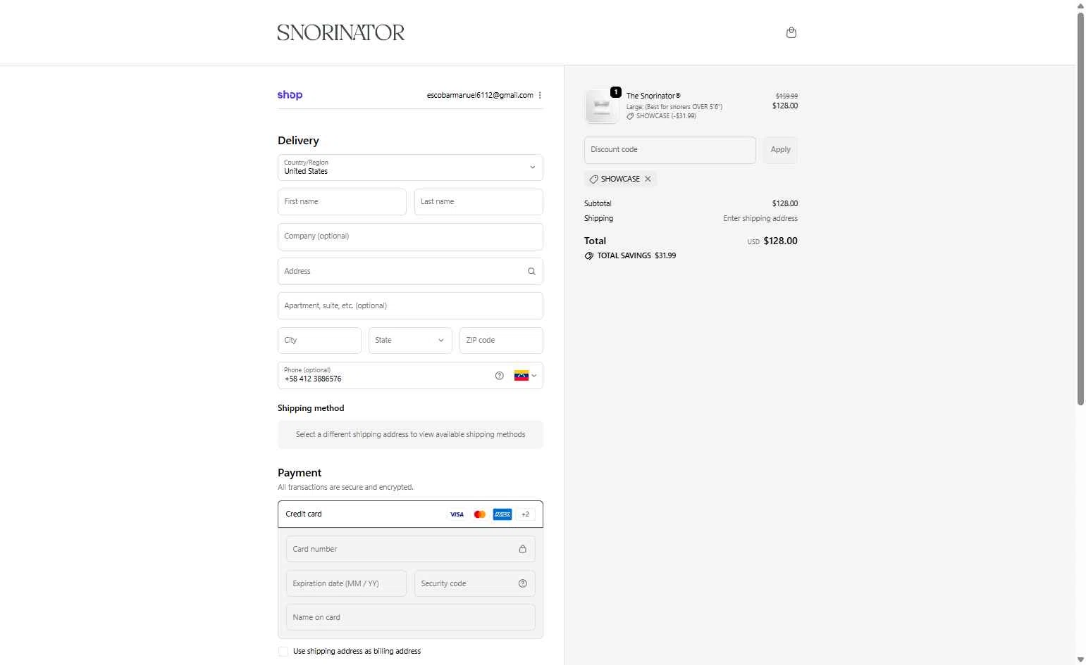 The Snorinator checkout page showing The Snorinator promo code box | Screenshot taken by SimplyCodes community member on Nov 5, 2025