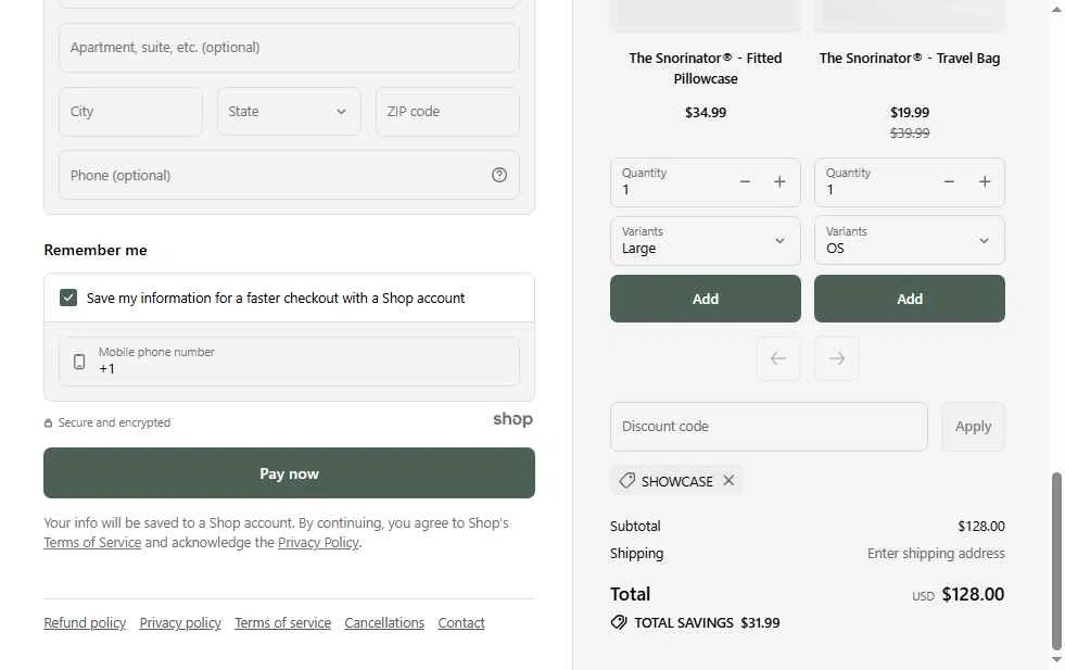 The Snorinator checkout page showing The Snorinator promo code box | Screenshot taken by SimplyCodes community member on Nov 25, 2025