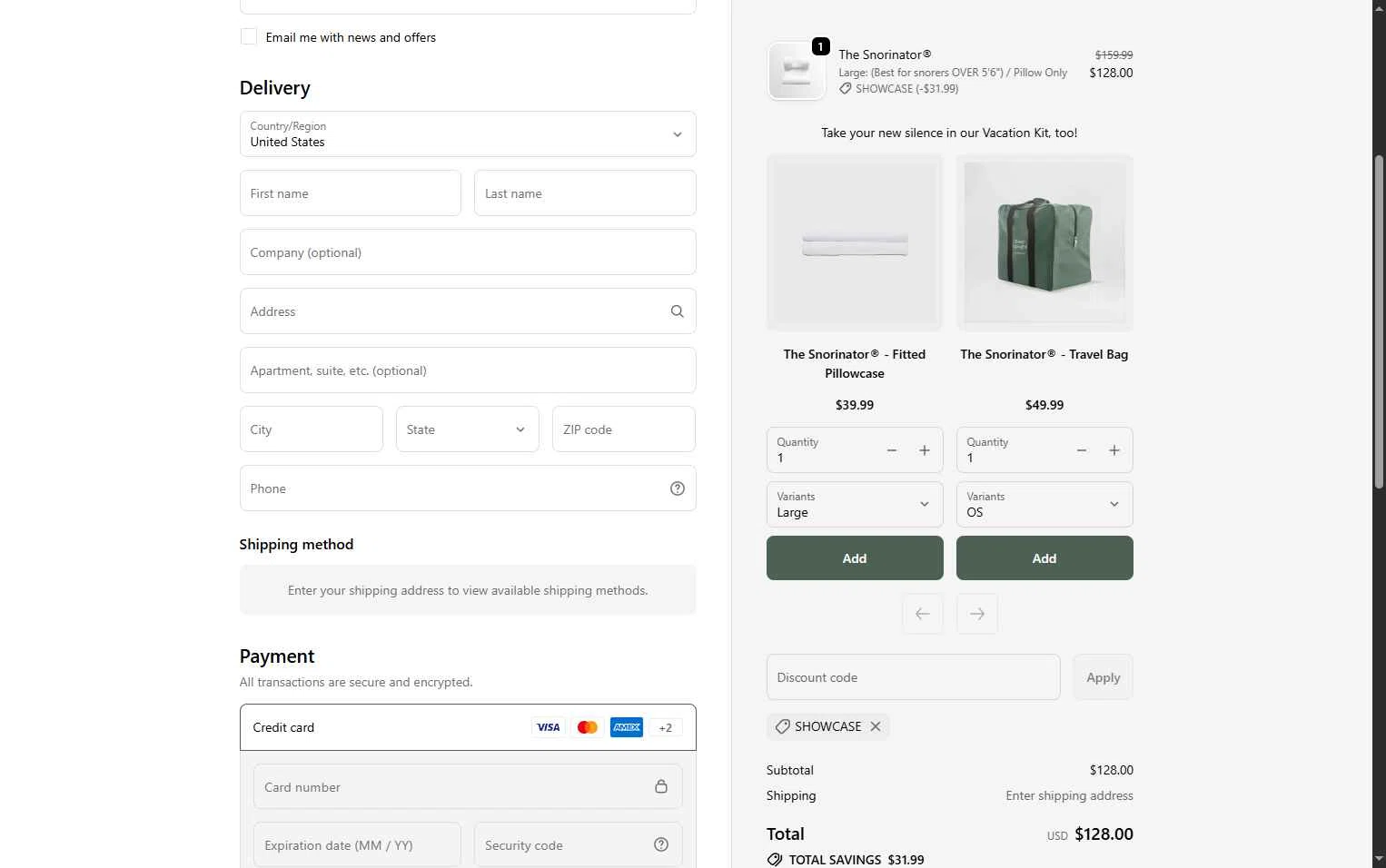 The Snorinator checkout page showing The Snorinator promo code box | Screenshot taken by SimplyCodes community member on Jan 2, 2026