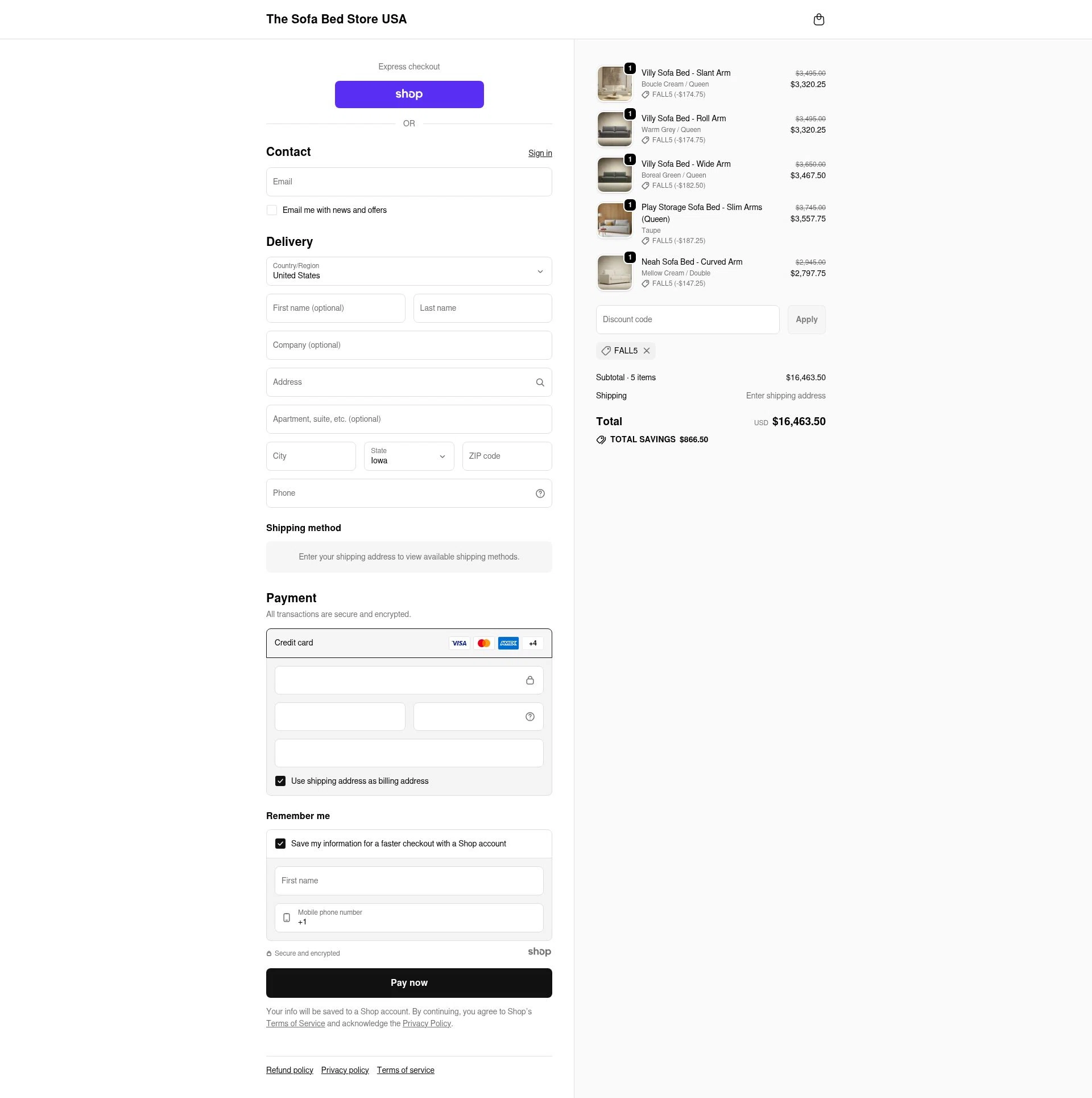 The Sofa Bed Store checkout page showing The Sofa Bed Store promo code box | Screenshot taken by SimplyCodes community member on Sep 20, 2025