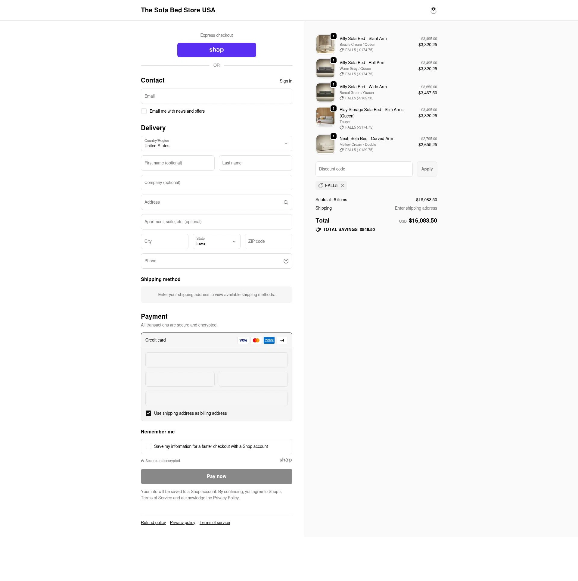 The Sofa Bed Store checkout page showing The Sofa Bed Store promo code box | Screenshot taken by SimplyCodes community member on Oct 17, 2025