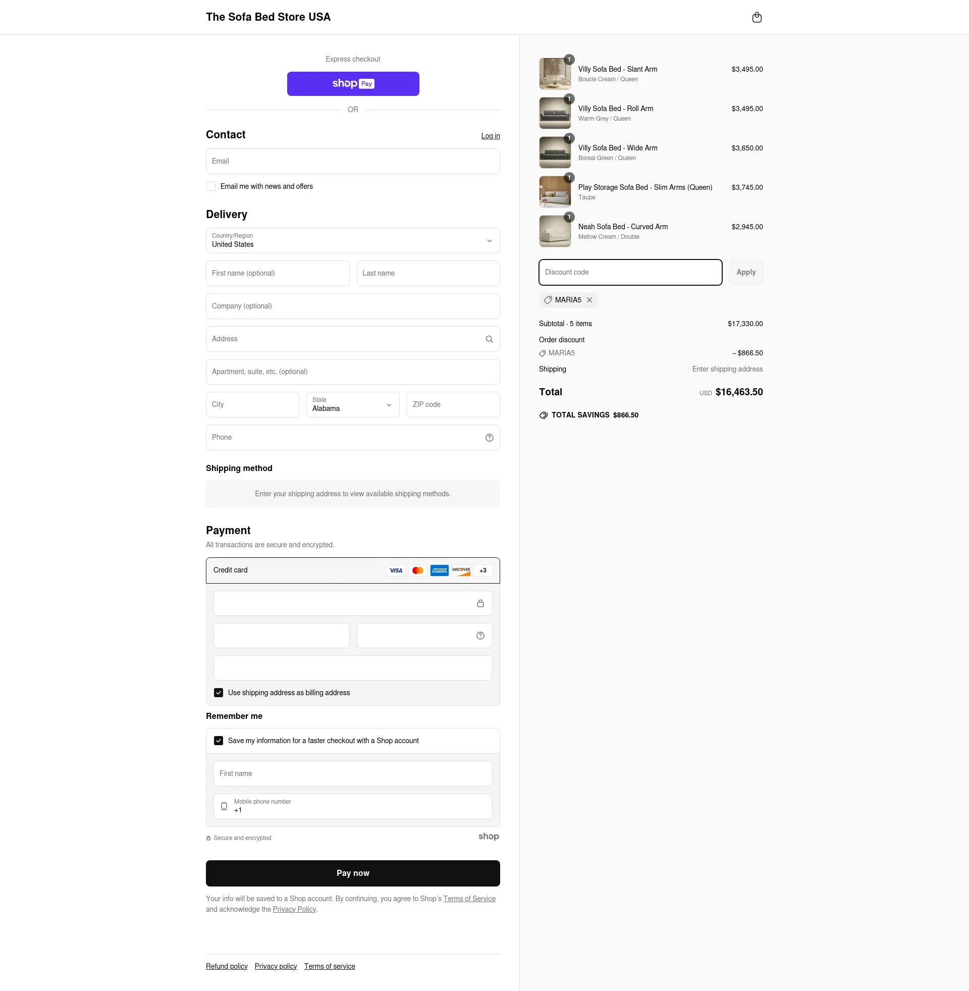 The Sofa Bed Store checkout page showing The Sofa Bed Store promo code box | Screenshot taken by SimplyCodes community member on Apr 30, 2025