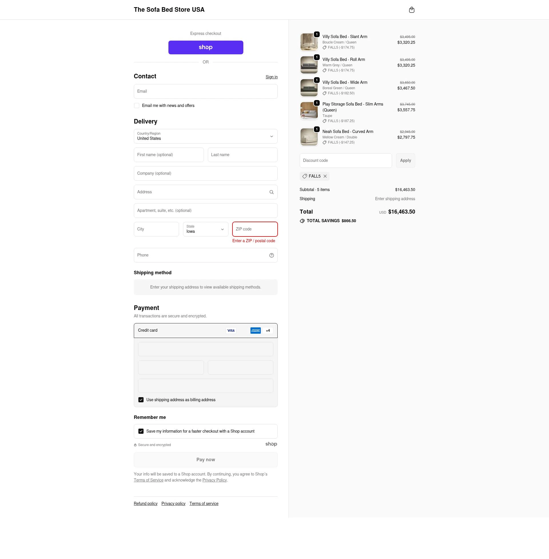 The Sofa Bed Store checkout page showing The Sofa Bed Store promo code box | Screenshot taken by SimplyCodes community member on Sep 24, 2025