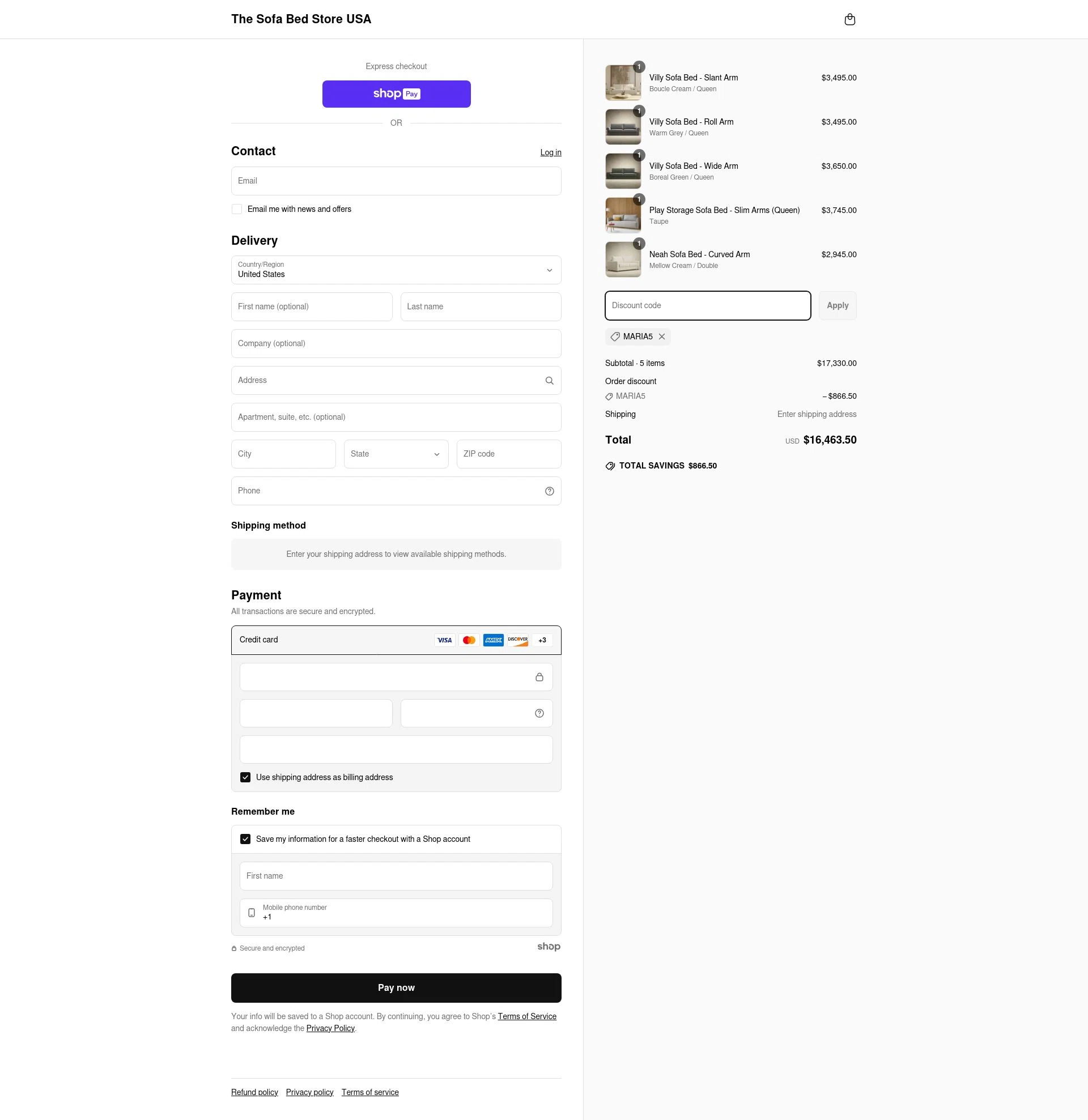 The Sofa Bed Store checkout page showing The Sofa Bed Store promo code box | Screenshot taken by SimplyCodes community member on Apr 17, 2025