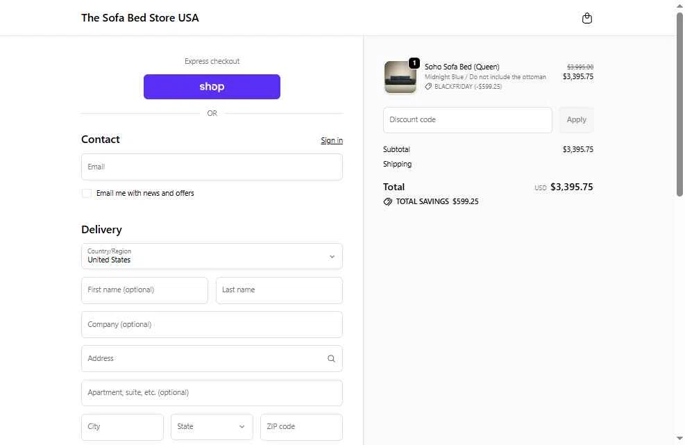 The Sofa Bed Store checkout page showing The Sofa Bed Store promo code box | Screenshot taken by SimplyCodes community member on Nov 23, 2025