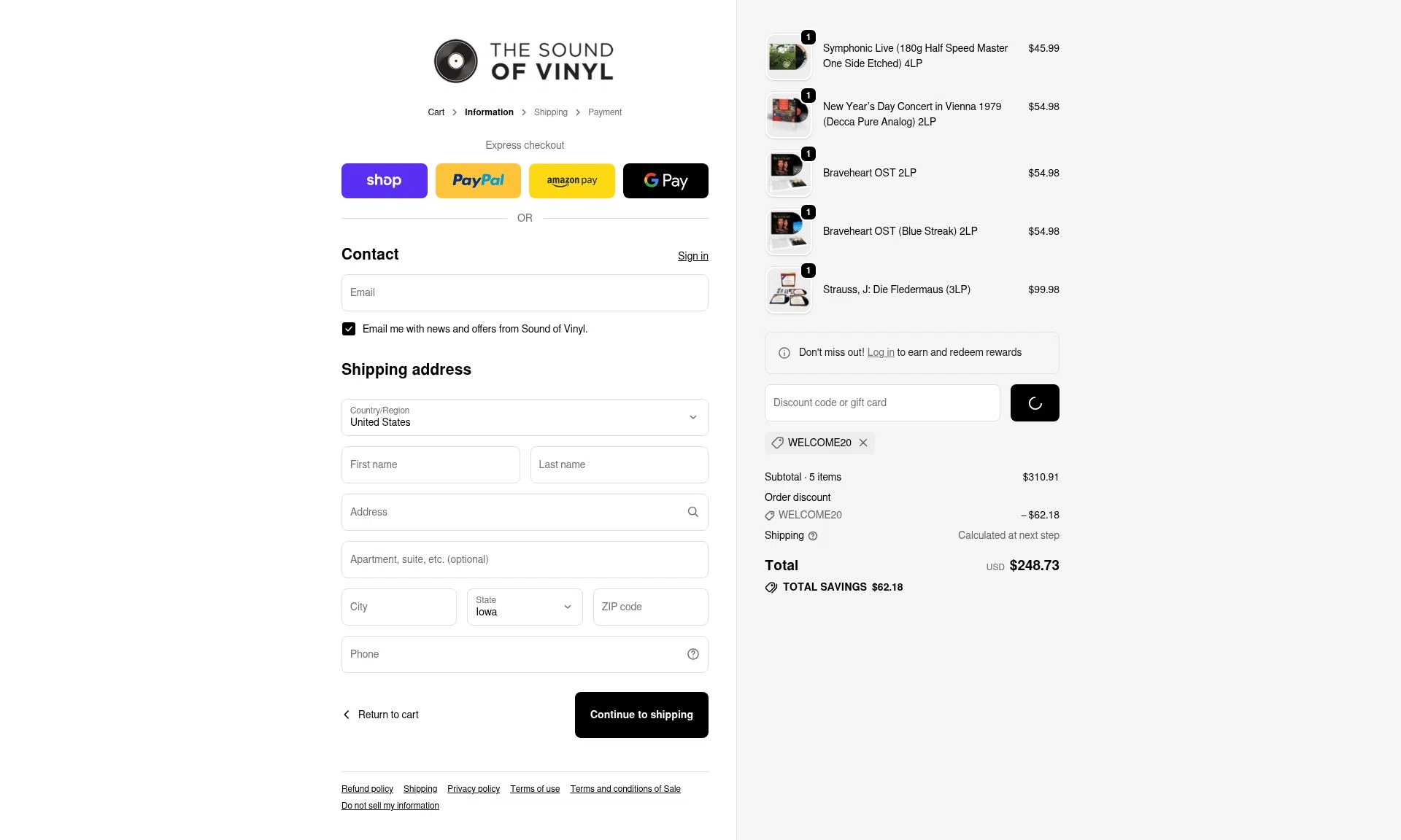 The Sound of Vinyl checkout page showing The Sound of Vinyl discount code box | Screenshot taken by SimplyCodes community member on Jan 4, 2026