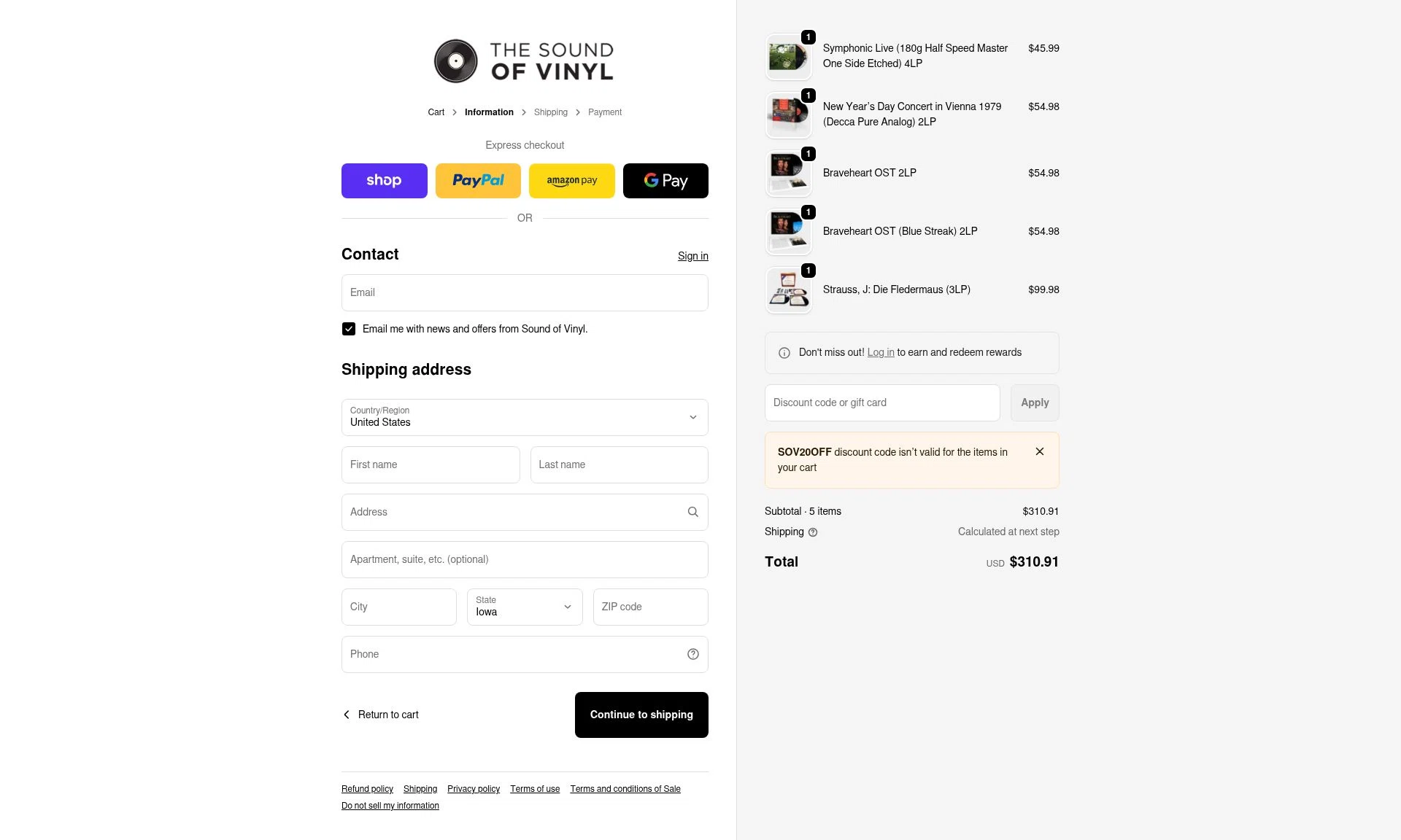 The Sound of Vinyl checkout page showing The Sound of Vinyl discount code box | Screenshot taken by SimplyCodes community member on Jan 3, 2026