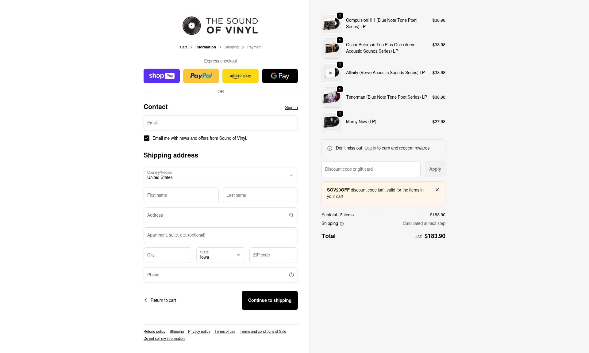 The Sound of Vinyl checkout page showing The Sound of Vinyl discount code box | Screenshot taken by SimplyCodes community member on Jan 9, 2026