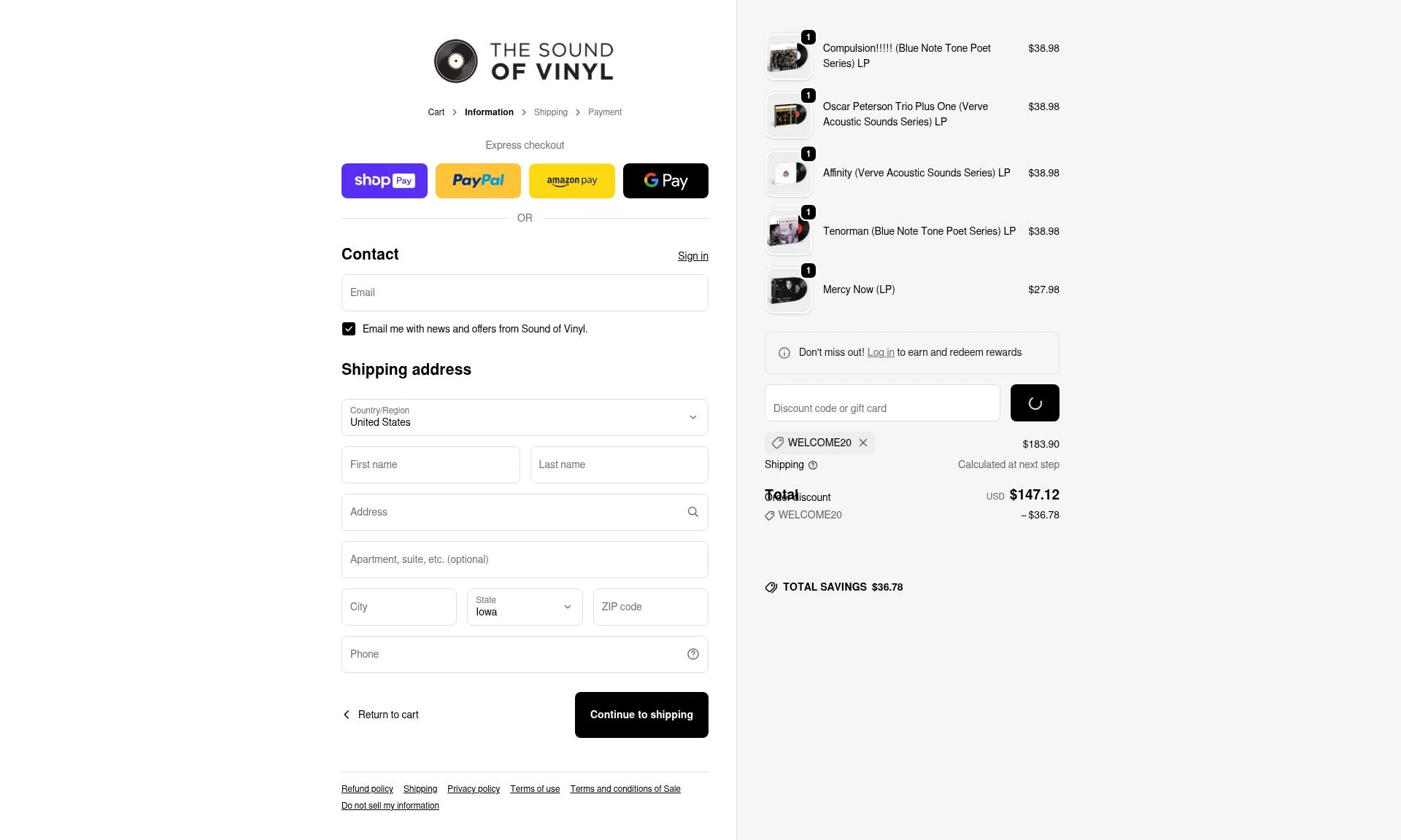 The Sound of Vinyl checkout page showing The Sound of Vinyl discount code box | Screenshot taken by SimplyCodes community member on Jan 9, 2026
