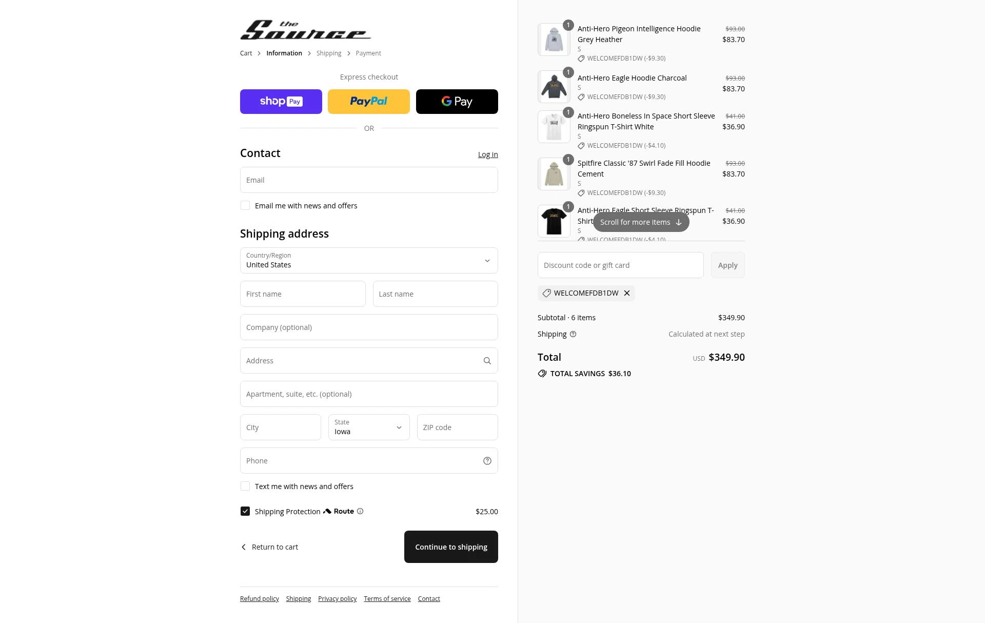 The Source Snowboard & Skate checkout page showing The Source Snowboard & Skate promo code box | Screenshot taken by SimplyCodes community member on Aug 14, 2025