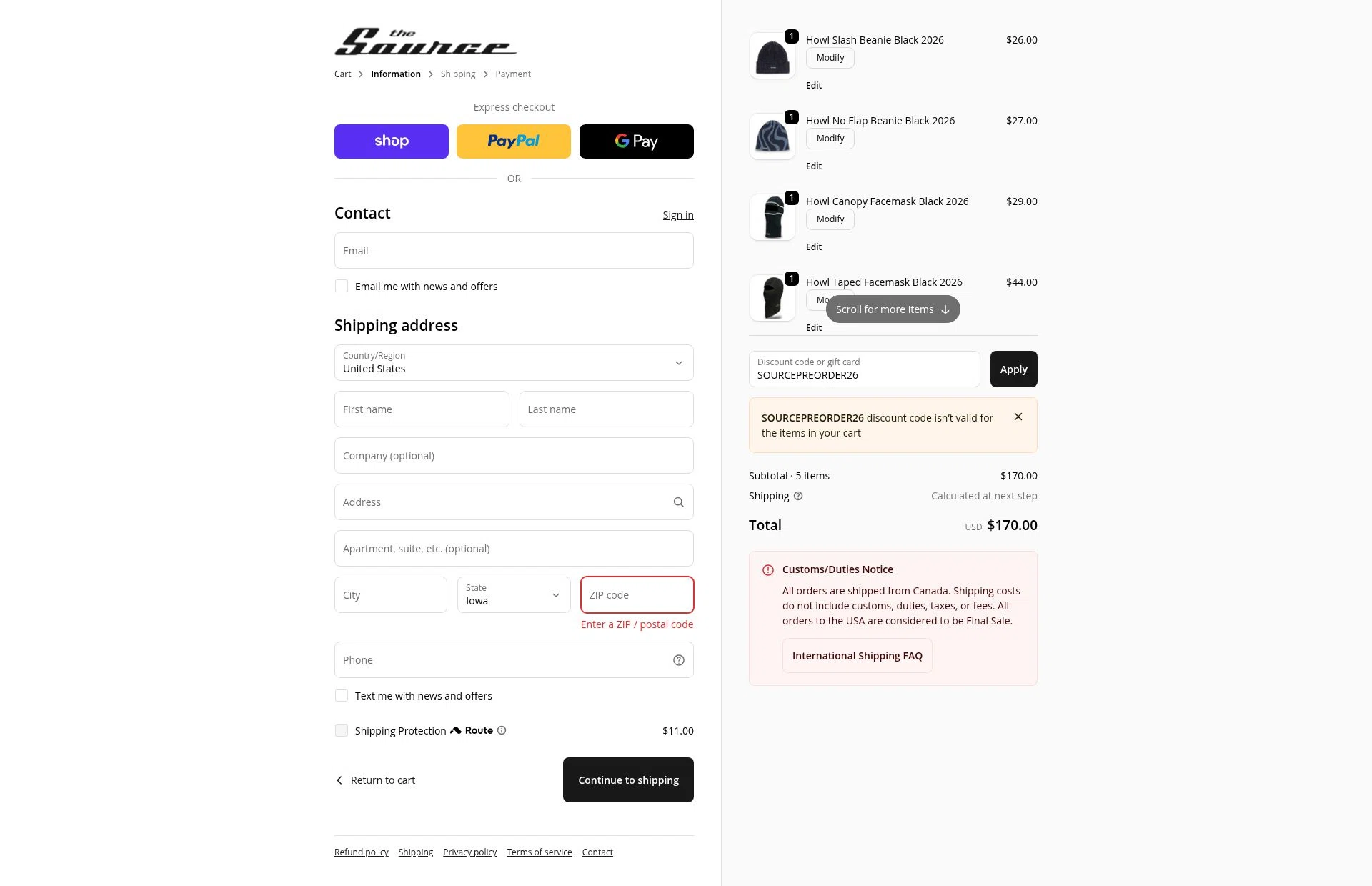 The Source Snowboard & Skate checkout page showing The Source Snowboard & Skate promo code box | Screenshot taken by SimplyCodes community member on Nov 5, 2025