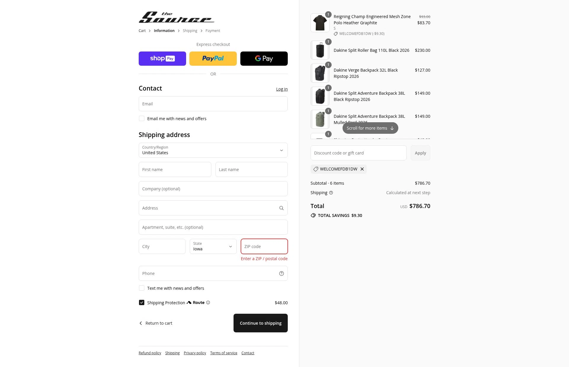 The Source Snowboard & Skate checkout page showing The Source Snowboard & Skate promo code box | Screenshot taken by SimplyCodes community member on Aug 10, 2025