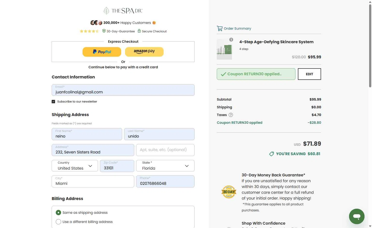 The Spa Dr. checkout page showing The Spa Dr. coupon code box | Screenshot taken by SimplyCodes community member on Dec 17, 2025