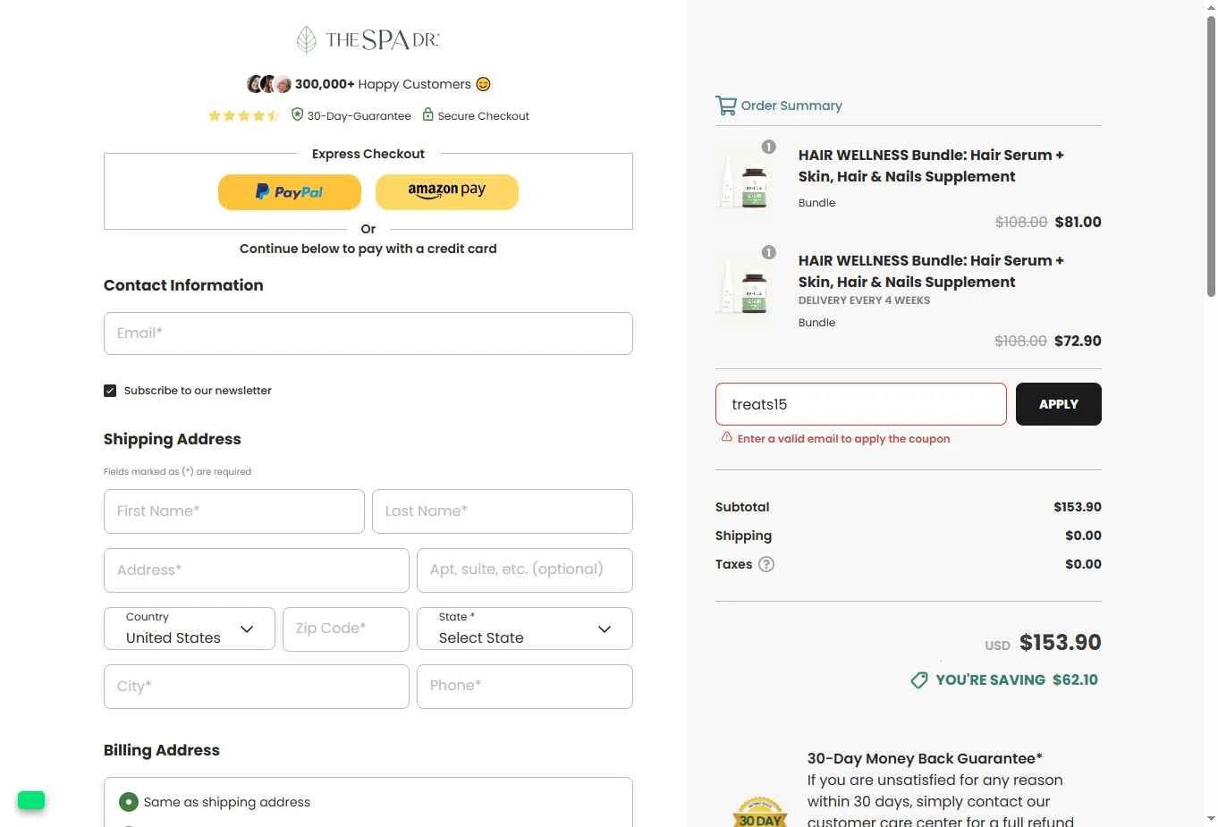 The Spa Dr. checkout page showing The Spa Dr. coupon code box | Screenshot taken by SimplyCodes community member on Nov 23, 2025