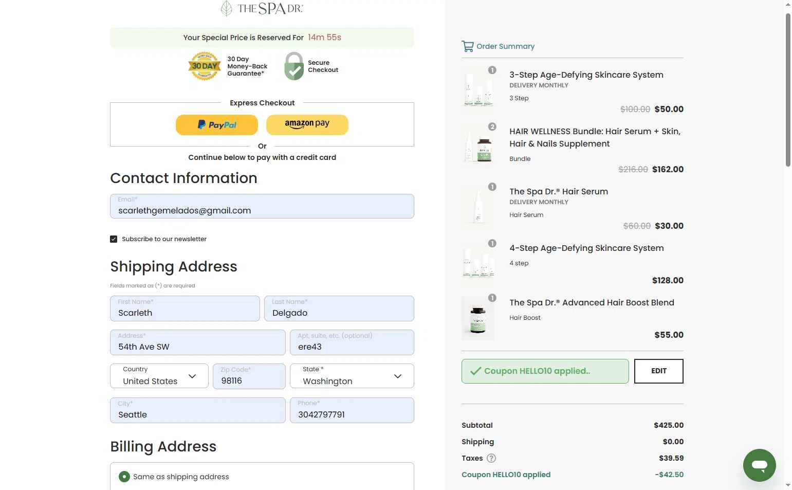The Spa Dr. checkout page showing The Spa Dr. coupon code box | Screenshot taken by SimplyCodes community member on Oct 21, 2025