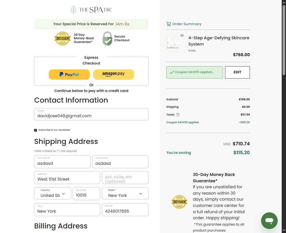 The Spa Dr. checkout page showing The Spa Dr. coupon code box | Screenshot taken by SimplyCodes community member on Oct 24, 2025