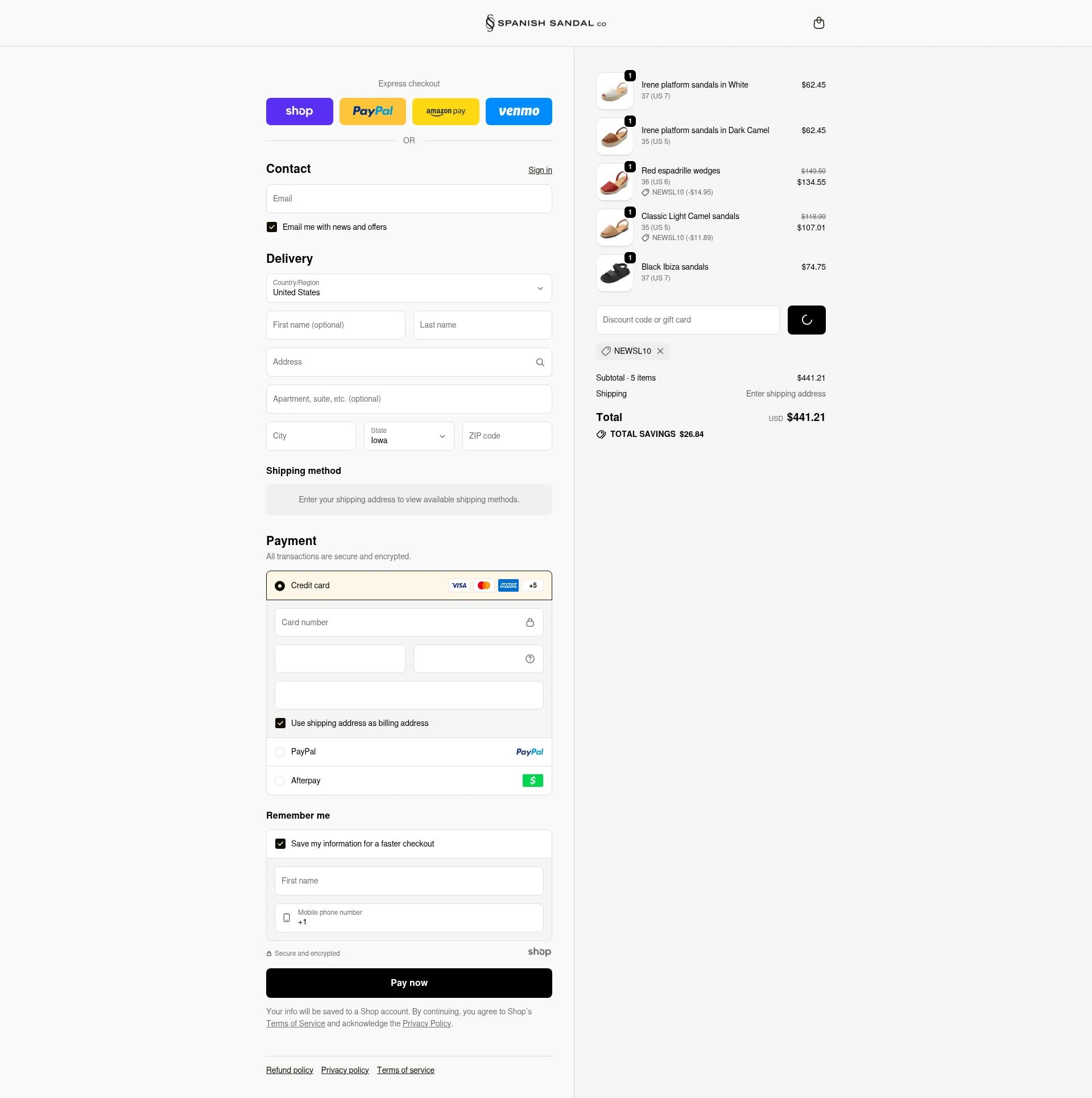 The Spanish Sandal Company checkout page showing The Spanish Sandal Company promo code box | Screenshot taken by SimplyCodes community member on Dec 27, 2025
