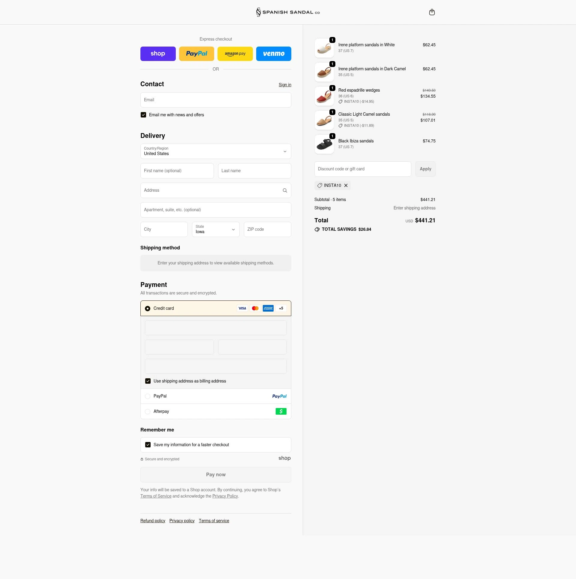 The Spanish Sandal Company checkout page showing The Spanish Sandal Company promo code box | Screenshot taken by SimplyCodes community member on Dec 15, 2025