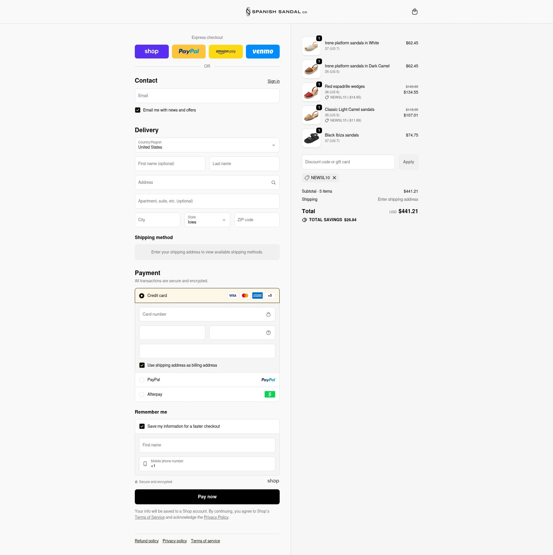 The Spanish Sandal Company checkout page showing The Spanish Sandal Company promo code box | Screenshot taken by SimplyCodes community member on Dec 15, 2025