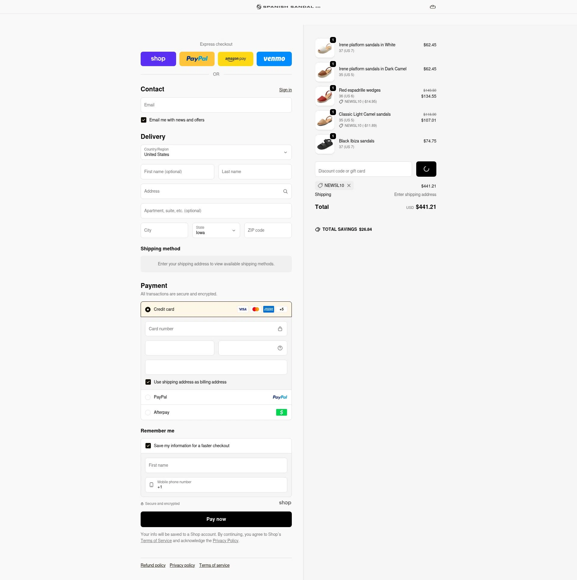The Spanish Sandal Company checkout page showing The Spanish Sandal Company promo code box | Screenshot taken by SimplyCodes community member on Jan 1, 2026