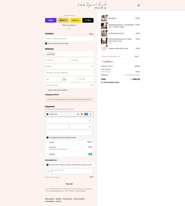 The Spoiled Mama checkout page showing The Spoiled Mama coupon code box | Screenshot taken by SimplyCodes community member on Sep 12, 2025