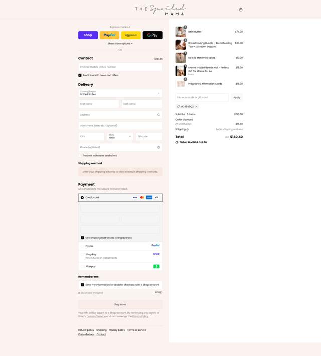 The Spoiled Mama checkout page showing The Spoiled Mama coupon code box | Screenshot taken by SimplyCodes community member on Sep 12, 2025