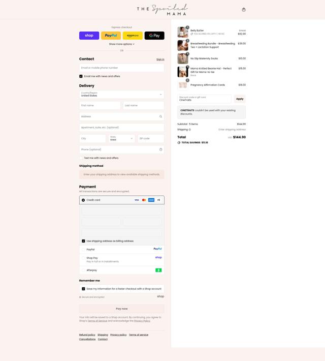 The Spoiled Mama checkout page showing The Spoiled Mama coupon code box | Screenshot taken by SimplyCodes community member on Sep 12, 2025