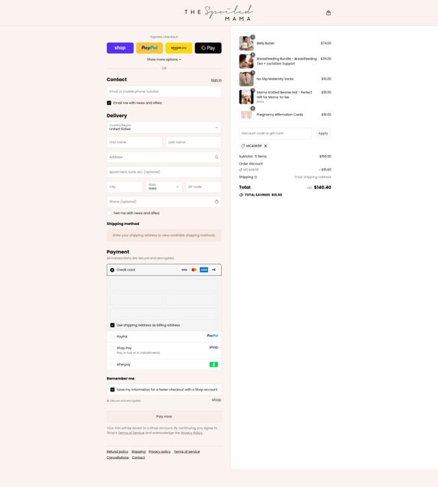 The Spoiled Mama checkout page showing The Spoiled Mama coupon code box | Screenshot taken by SimplyCodes community member on Sep 12, 2025