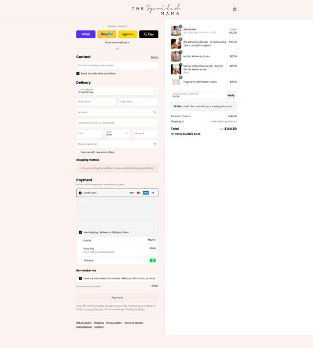 The Spoiled Mama checkout page showing The Spoiled Mama coupon code box | Screenshot taken by SimplyCodes community member on Sep 12, 2025