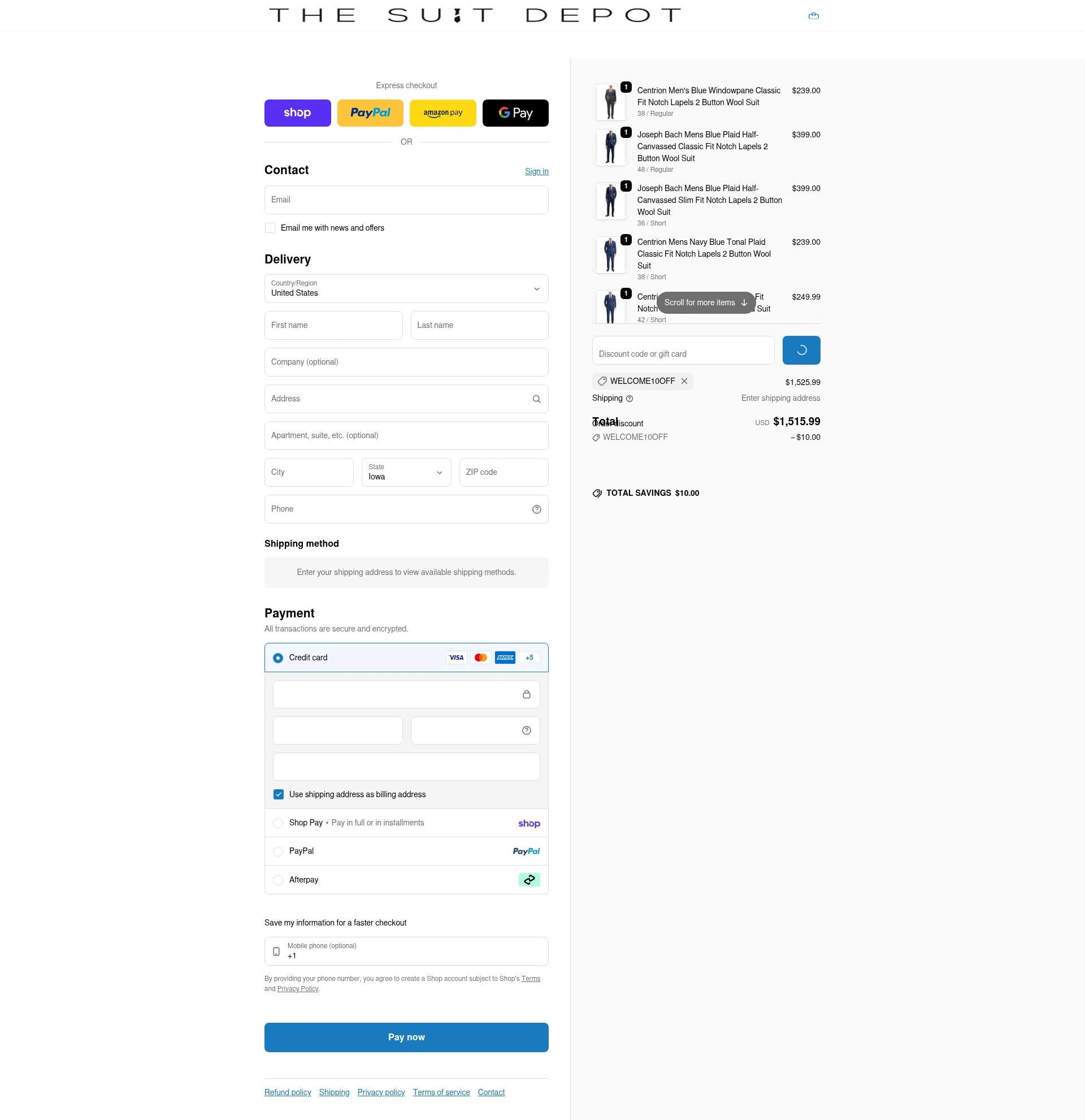 The Suit Depot checkout page showing The Suit Depot discount code box | Screenshot taken by SimplyCodes community member on Feb 9, 2026
