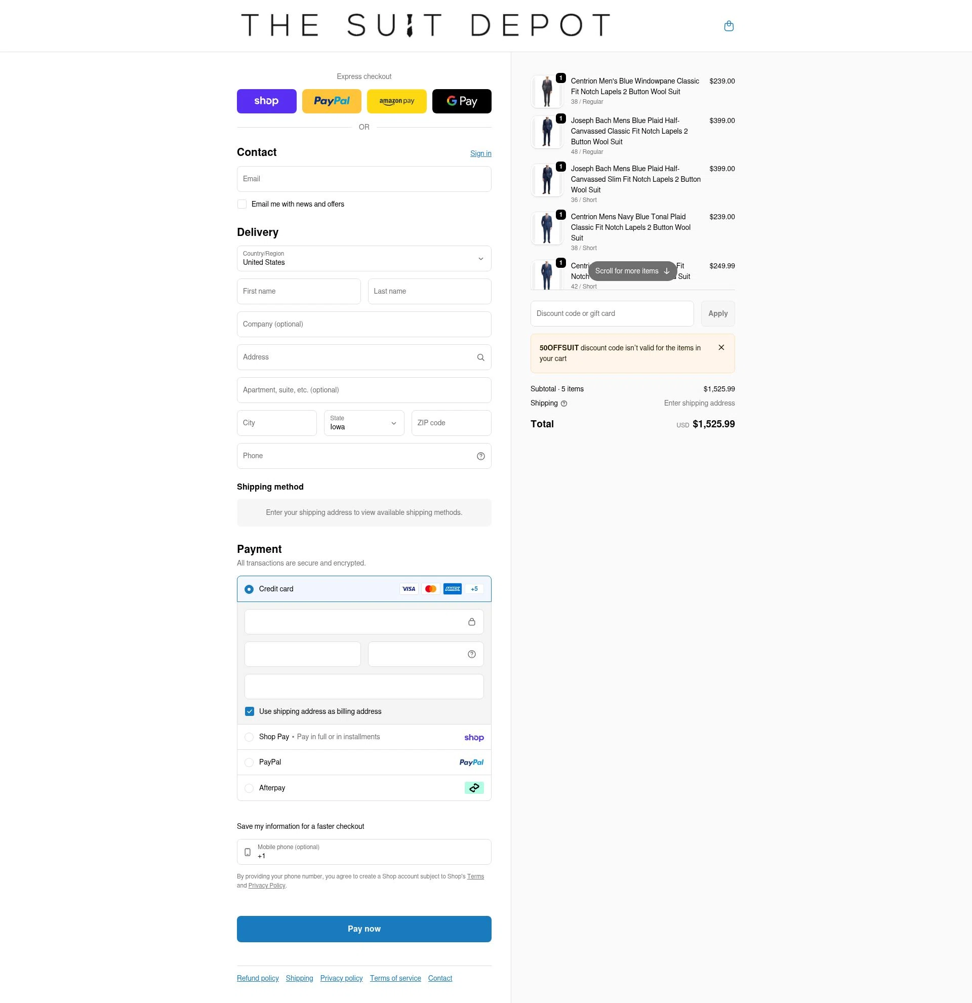 The Suit Depot checkout page showing The Suit Depot discount code box | Screenshot taken by SimplyCodes community member on Feb 14, 2026